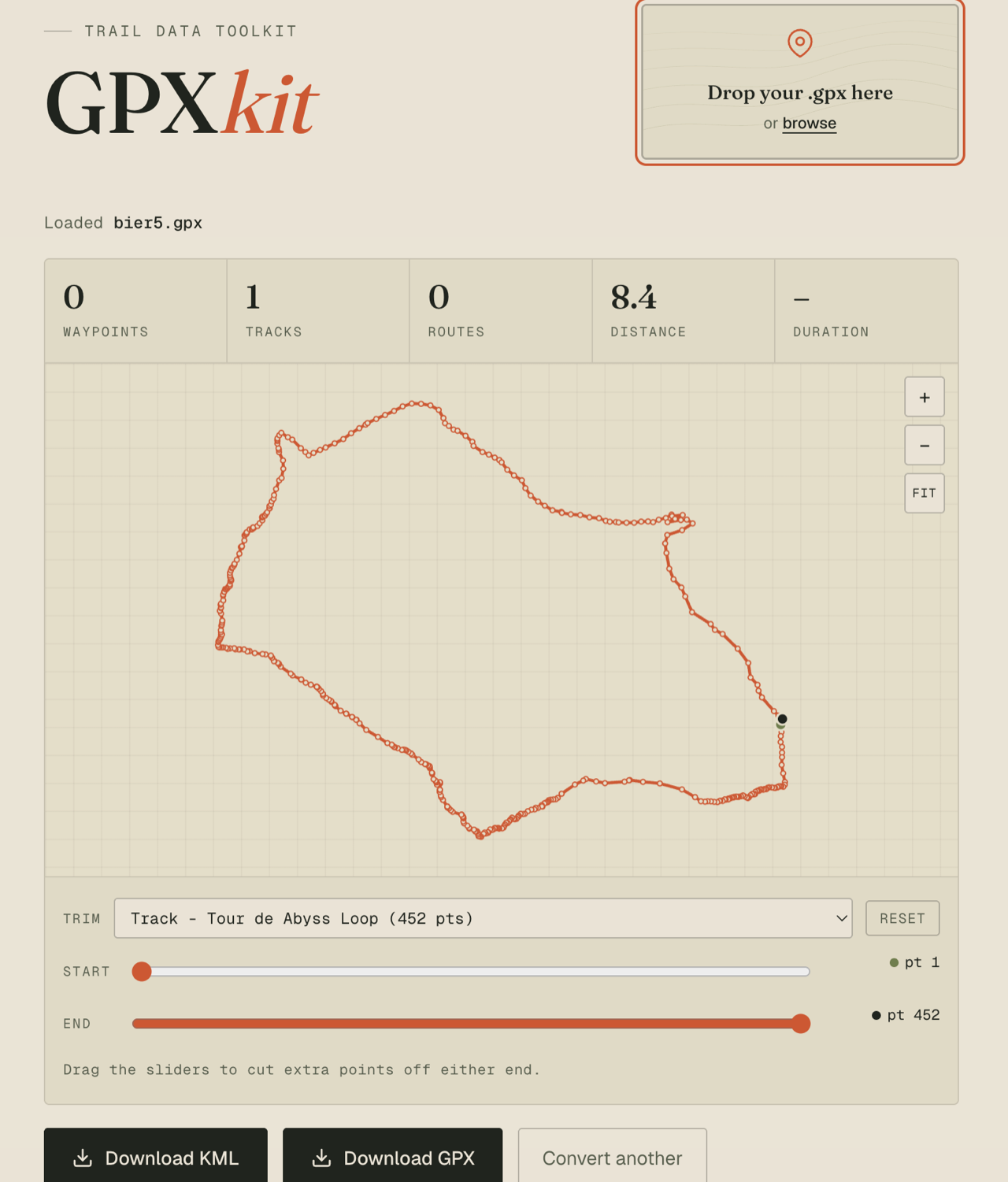 GPXkit with a loaded GPX file: a stat row reading waypoints, tracks, routes and distance, an SVG preview of a 452-point loop drawn point by point, and START/END trim sliders below it with Download KML and Download GPX buttons.