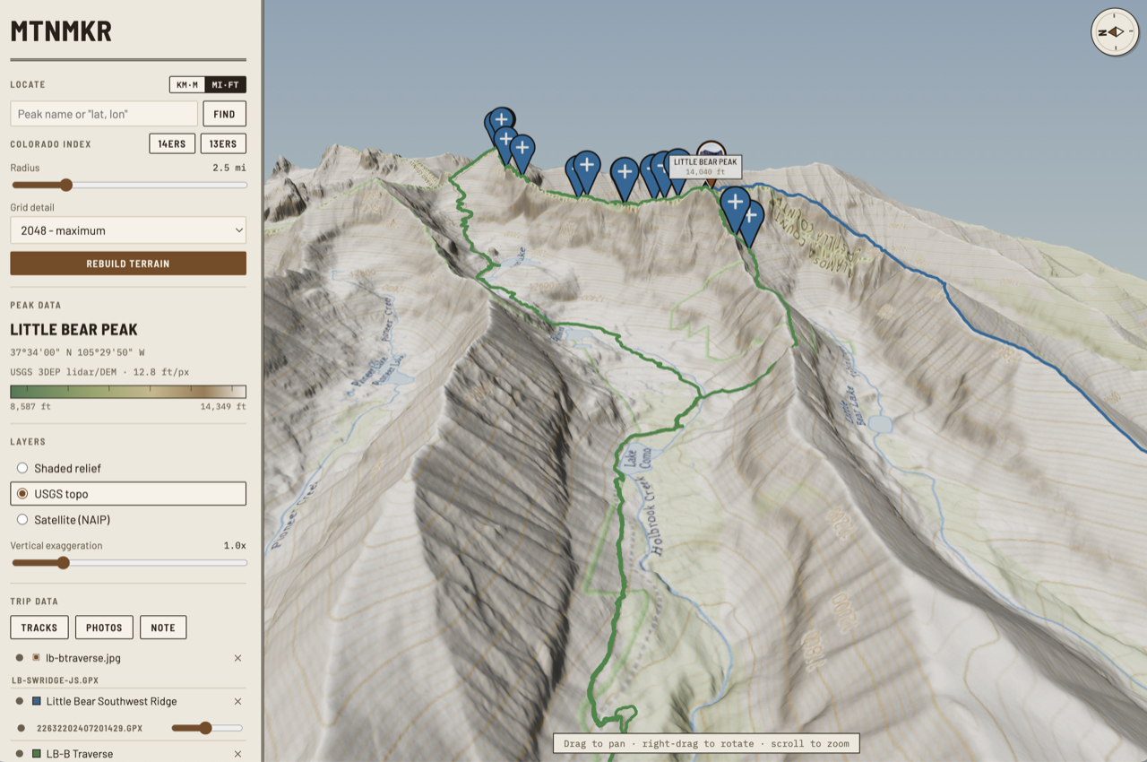 MtnMkr showing Little Bear Peak as a 3D terrain model draped in USGS topo, with a green GPX track climbing the southwest ridge, blue summit pins along the ridgeline, and a control panel for peak search, grid detail, layers, and vertical exaggeration.